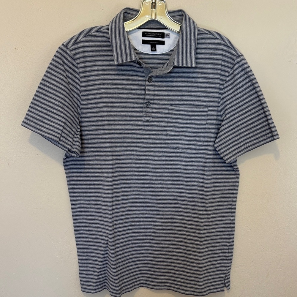 Banana Republic Men's Polo Shirt - Gray and Black Stripes